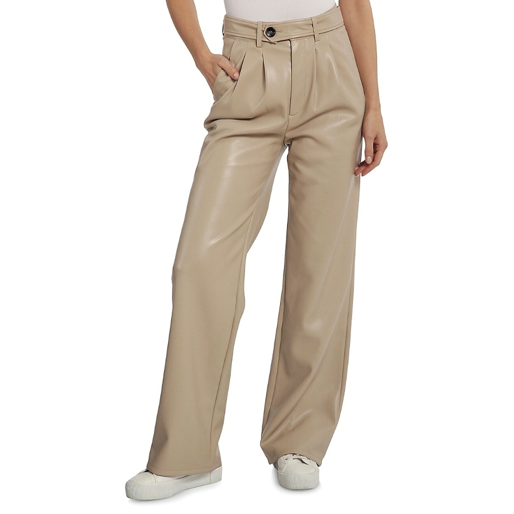 Avec Les Filles High Rise Pleated Wide Leg Vegan Leather Pants